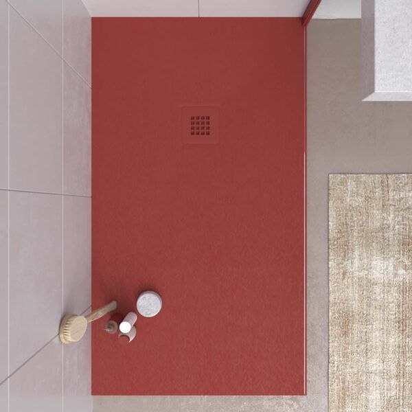 Base de duche em resina CLOE Vermelho Tomate RAL 3013 com textura de ardósia antibacteriana e antiderrapante. Grelha termolacada