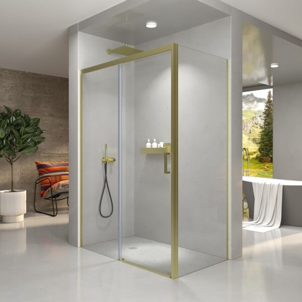 Divisória de duche FLARE retangular com 2 painéis fixos - 1 porta 120 cm x 120 cm OURO