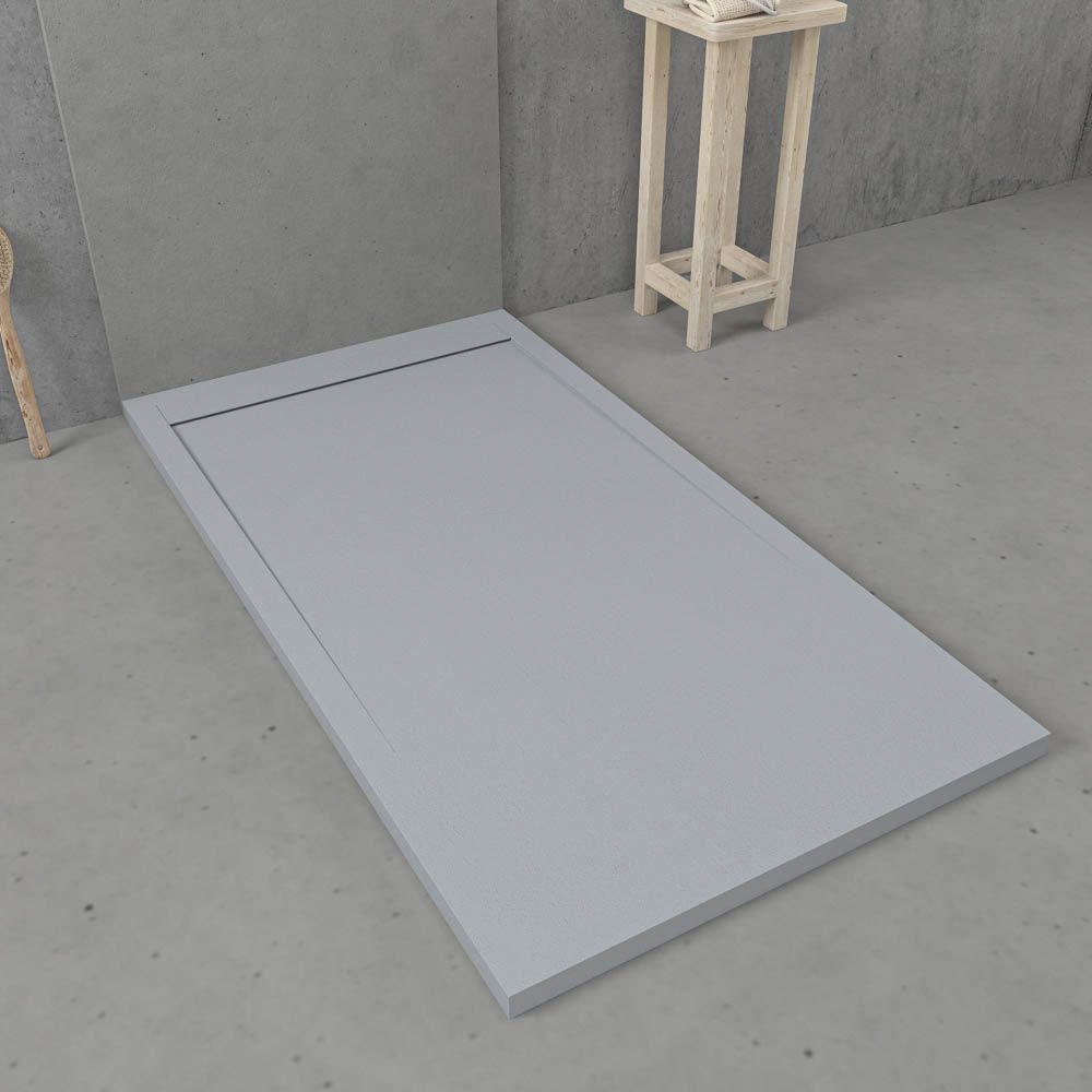 Base de duche em resina com moldura URBANSTONE Cinzento Cimento RAL 7005, textura de ardósia, antibacteriana e antiderrapante. Grelha oculta.