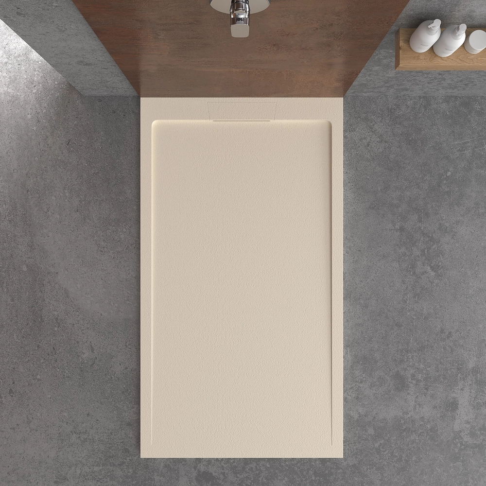 Base de duche em resina STYLE – cor creme RAL-1013 e outras – textura ardósia – antibacteriana e antiderrapante. Grelha oculta