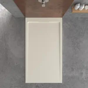 Base de duche em resina STYLE – cor branco creme RAL-9001 e outras – textura ardósia – antibacteriana e antiderrapante. Grelha oculta