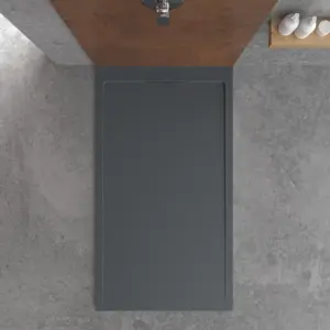 Base de duche em resina STYLE – cinzento antracite RAL-7016 e outros – textura ardósia – antibacteriana e antiderrapante. Grelha oculta
