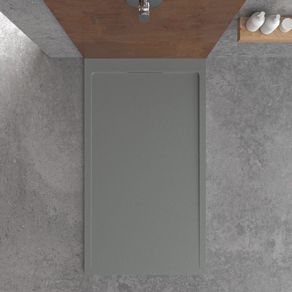 Base de duche em resina STYLE – cor cinzento-cimento RAL-7005 e outras – textura ardósia – antibacteriana e antiderrapante. Grelha oculta