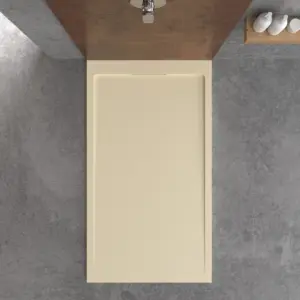 Base de duche em resina STYLE – cor creme intenso RAL-1015 e outras – textura ardósia – antibacteriana e antiderrapante. Grelha oculta