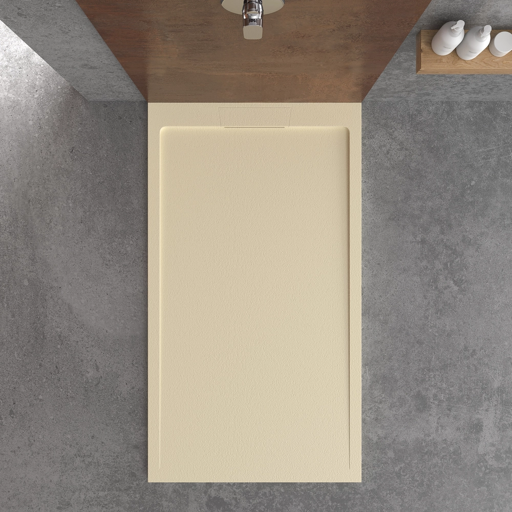 Base de duche em resina STYLE – cor creme intenso RAL-1015 e outras – textura ardósia – antibacteriana e antiderrapante. Grelha oculta