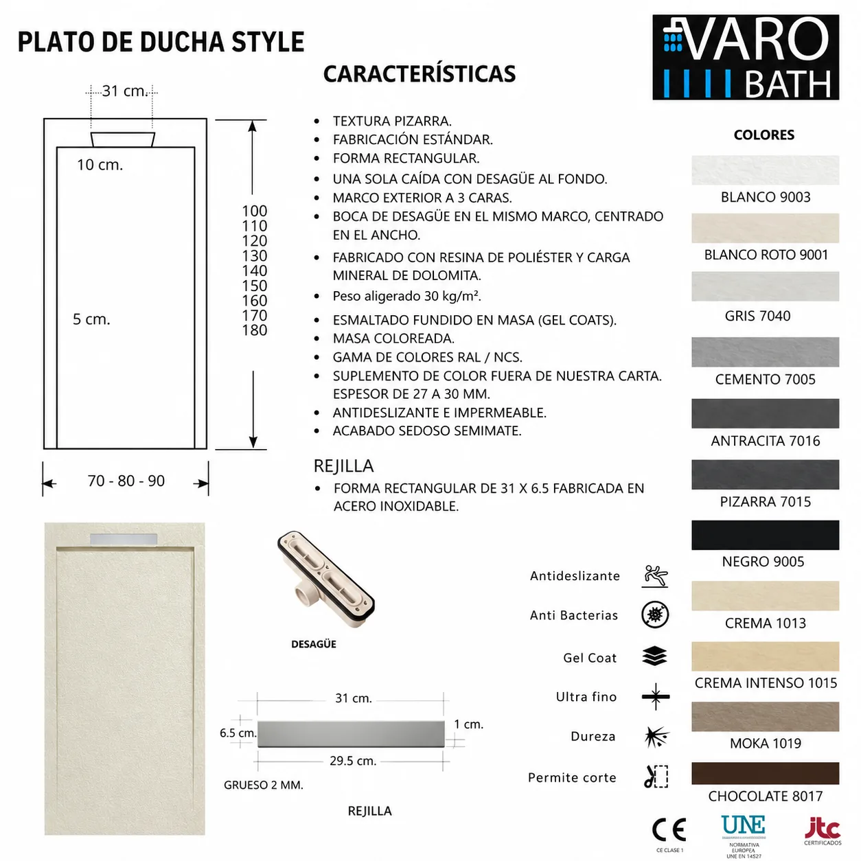 Base de duche em resina STYLE – cor creme RAL-1013 e outras – textura ardósia – antibacteriana e antiderrapante. Grelha oculta - Image 5