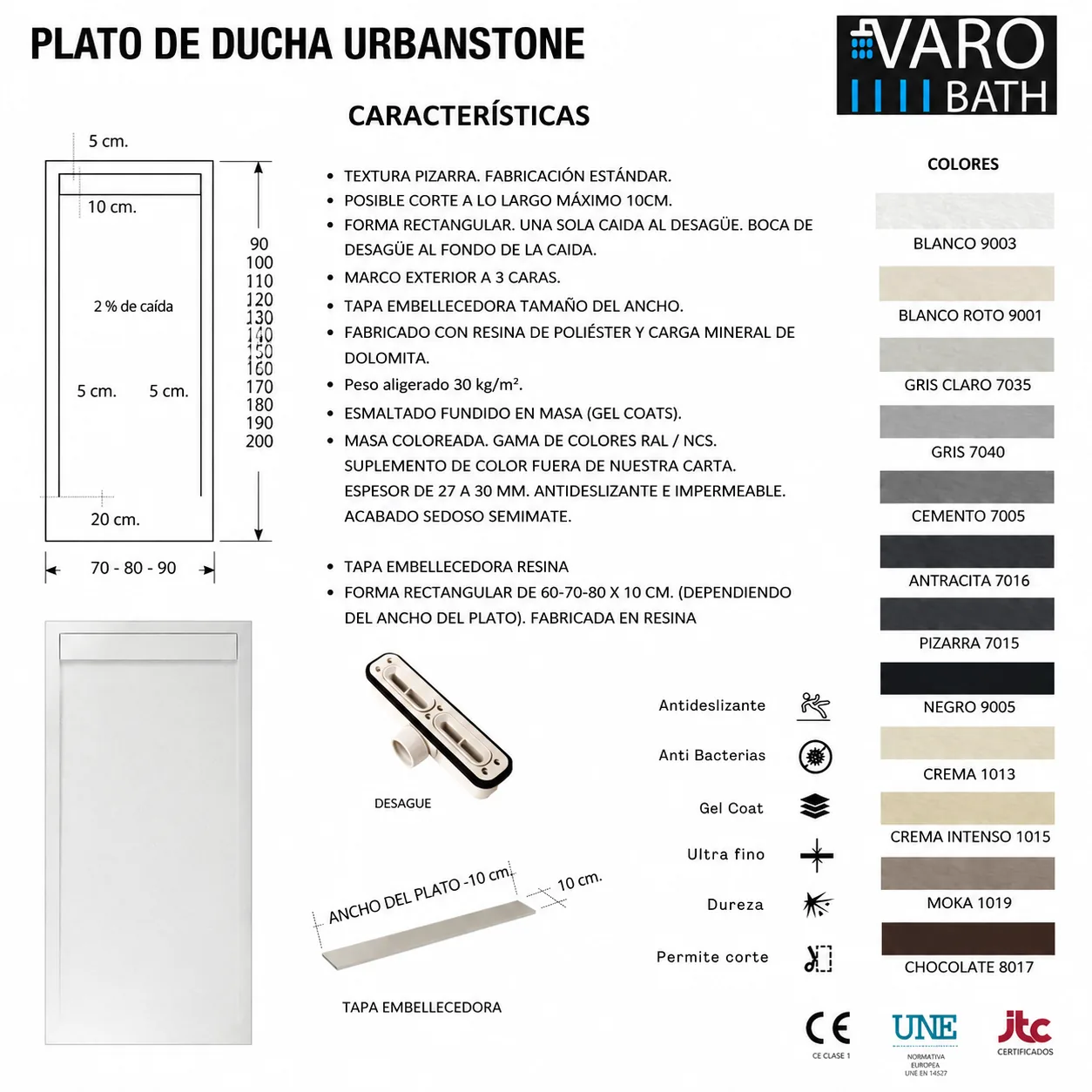 Base de duche em resina com moldura URBANSTONE Cinzento Cimento RAL 7005, textura de ardósia, antibacteriana e antiderrapante. Grelha oculta. - Image 4