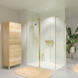 Divisória de duche retangular OPEN 2 fixos - 1 porta rebatível à medida DOURADO MATE – imagem 1