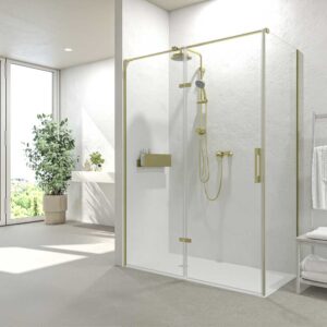 Divisória de duche retangular SILEX 2 fixos - 1 porta rebatível à medida DOURADO MATE – imagem 1