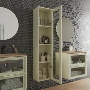 Móvel de casa de banho suspenso 2 gavetas frente em vidro BETA com lavatório Solid Surface CREME – imagem 2
