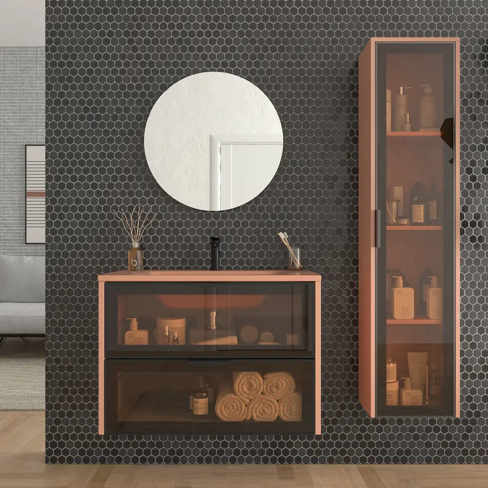 Móvel de casa de banho suspenso 2 gavetas frente em vidro cinzento BETA com lavatório Solid Surface VERMELHO BEGE – imagem 6
