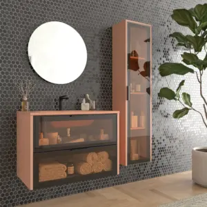 Móvel de casa de banho suspenso 2 gavetas frente em vidro cinzento BETA com lavatório Solid Surface VERMELHO BEGE – imagem 1