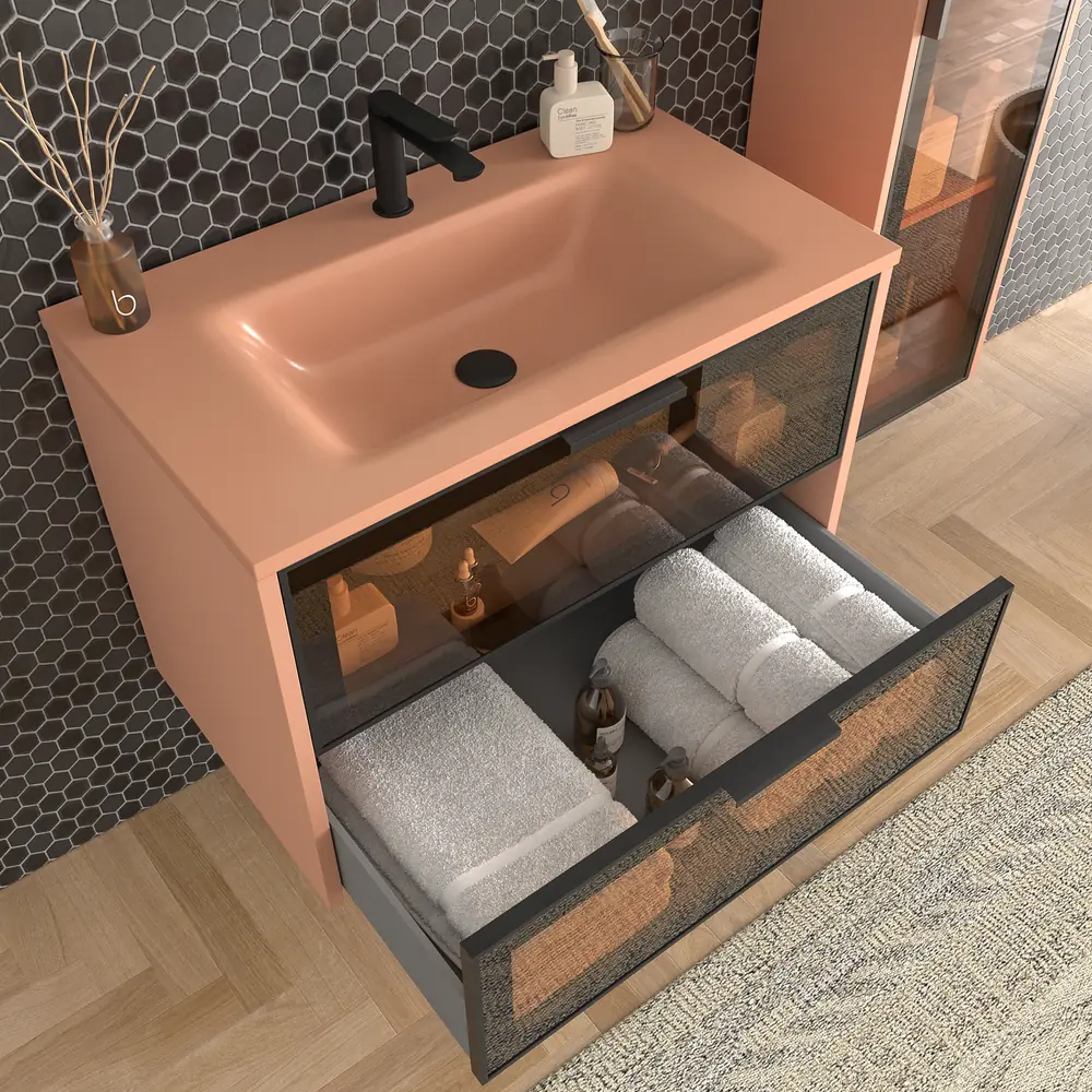 Móvel de casa de banho suspenso 2 gavetas frente em vidro cinzento BETA com lavatório Solid Surface VERMELHO BEGE – imagem 5