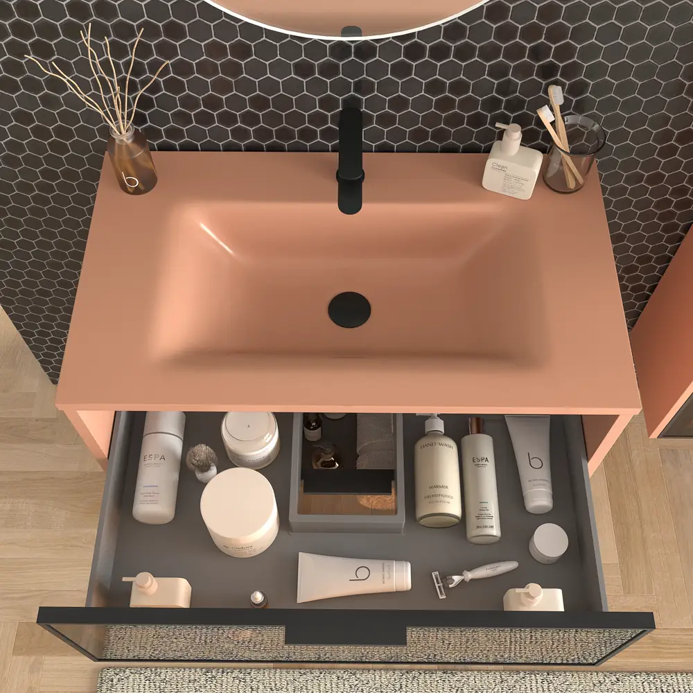 Móvel de casa de banho suspenso 2 gavetas frente em vidro cinzento BETA com lavatório Solid Surface VERMELHO BEGE – imagem 4
