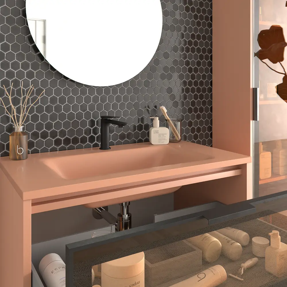 Móvel de casa de banho suspenso 2 gavetas frente em vidro cinzento BETA com lavatório Solid Surface VERMELHO BEGE – imagem 3