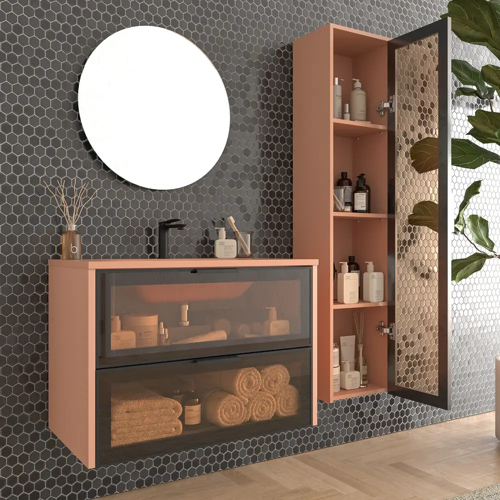 Móvel de casa de banho suspenso 2 gavetas frente em vidro cinzento BETA com lavatório Solid Surface VERMELHO BEGE – imagem 2
