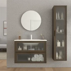 Móvel de casa de banho suspenso 2 gavetas frente em vidro acanalado BETA com lavatório Solid Surface CASTANHO TERRA – imagem 1