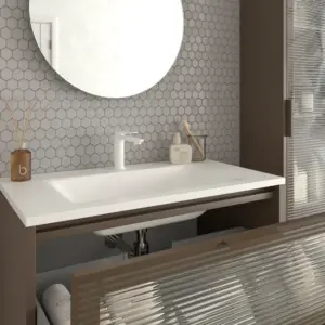 Móvel de casa de banho suspenso 2 gavetas frente em vidro acanalado BETA com lavatório Solid Surface CASTANHO TERRA – imagem 2