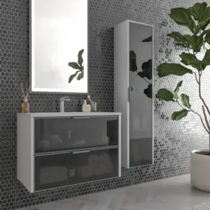 Móvel de casa de banho suspenso 2 gavetas frente em vidro cinzento BETA com lavatório Solid Surface CINZENTO SINAL – imagem 1