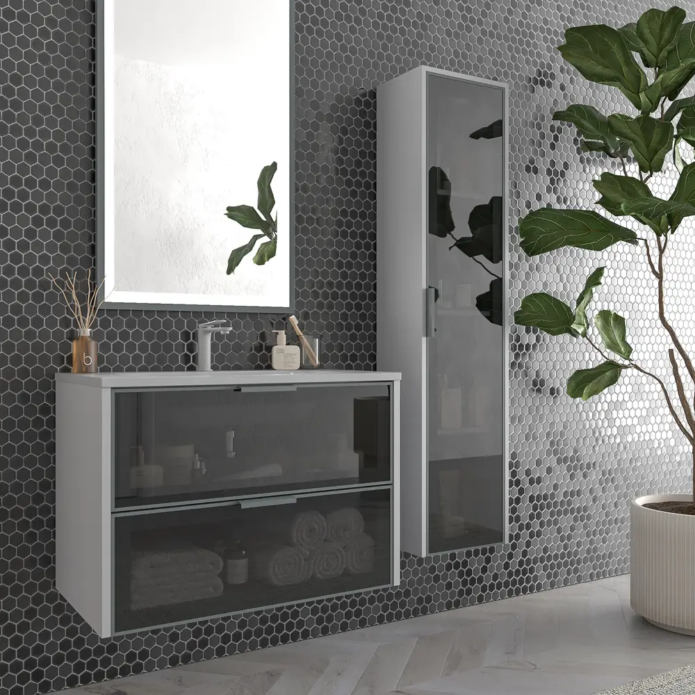 Móvel de casa de banho suspenso 2 gavetas frente em vidro cinzento BETA com lavatório Solid Surface CINZENTO SINAL – imagem 1