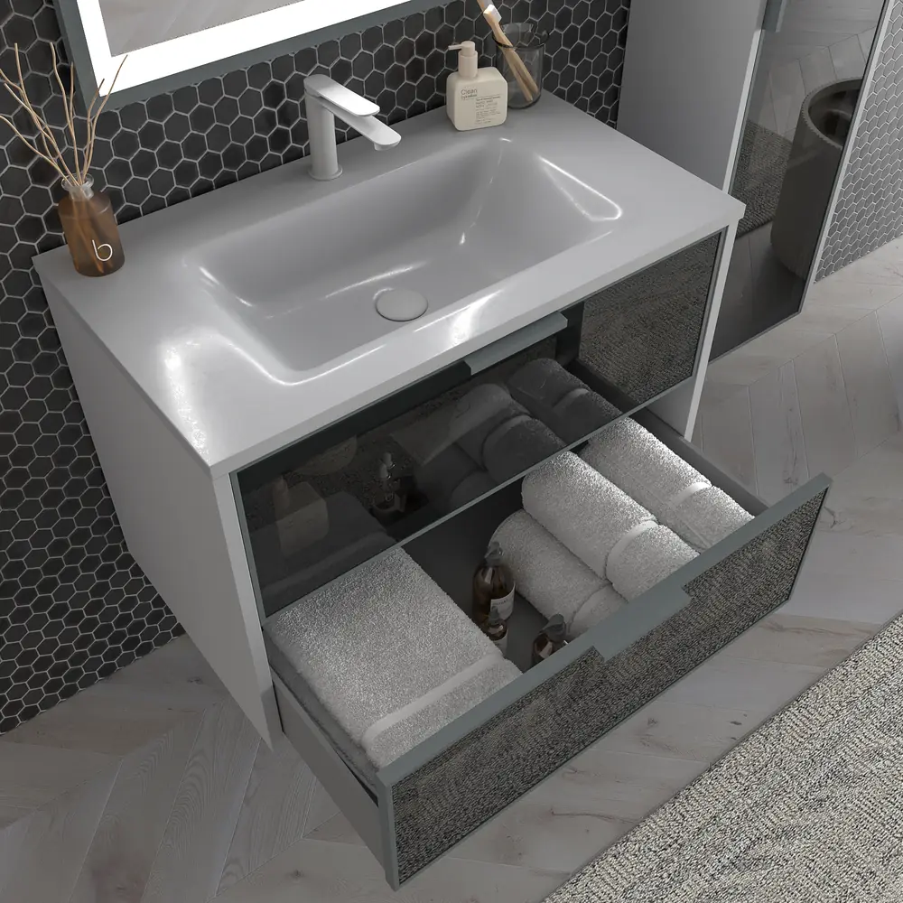 Móvel de casa de banho suspenso 2 gavetas frente em vidro cinzento BETA com lavatório Solid Surface CINZENTO SINAL – imagem 4