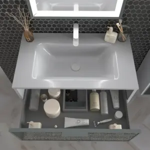 Móvel de casa de banho suspenso 2 gavetas frente em vidro cinzento BETA com lavatório Solid Surface CINZENTO SINAL – imagem 2