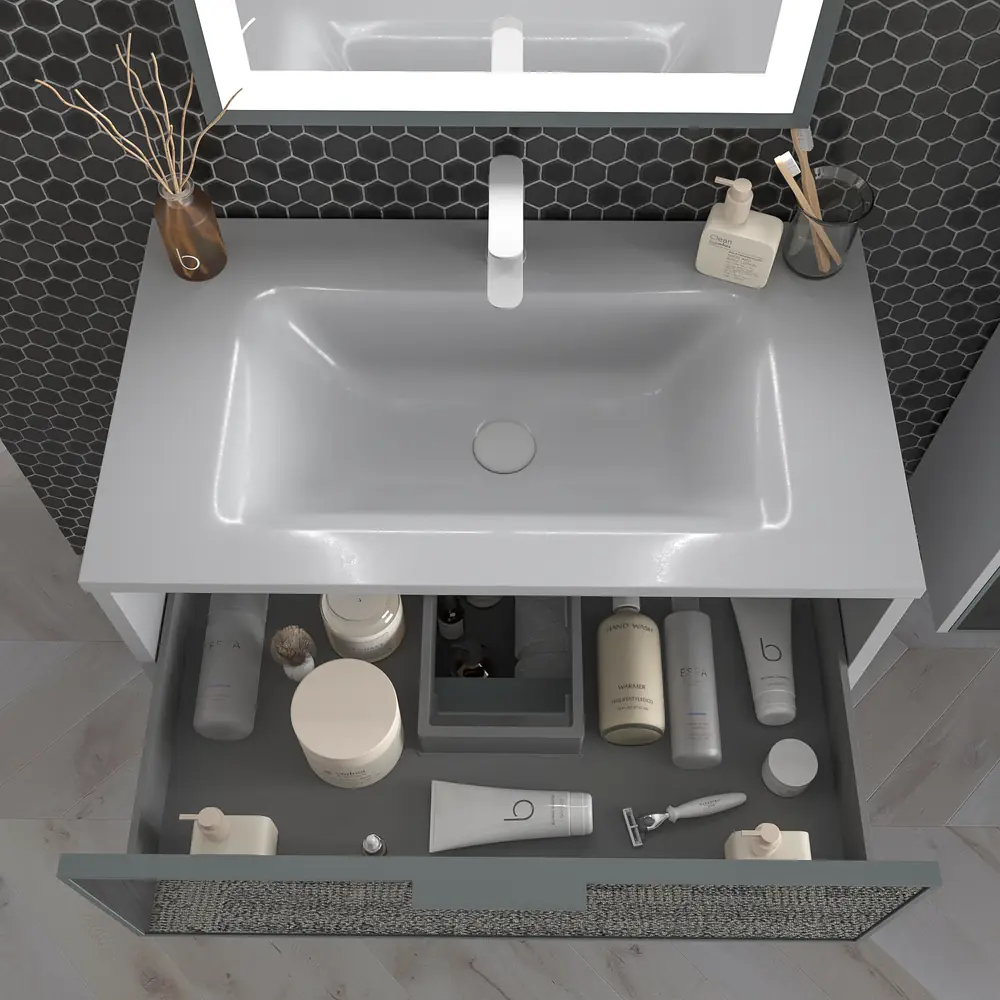 Móvel de casa de banho suspenso 2 gavetas frente em vidro cinzento BETA com lavatório Solid Surface CINZENTO SINAL – imagem 2