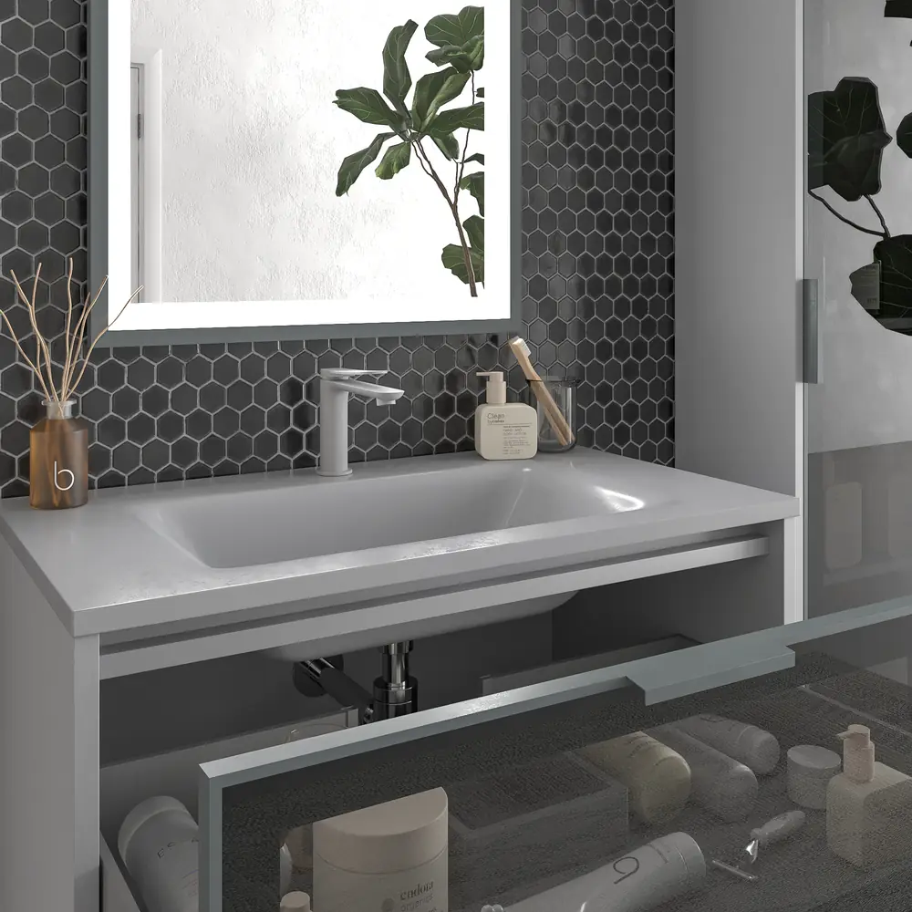 Móvel de casa de banho suspenso 2 gavetas frente em vidro cinzento BETA com lavatório Solid Surface CINZENTO SINAL – imagem 6