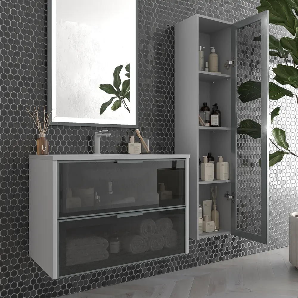 Móvel de casa de banho suspenso 2 gavetas frente em vidro cinzento BETA com lavatório Solid Surface CINZENTO SINAL – imagem 3