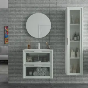 Móvel de casa de banho suspenso 2 gavetas frente em vidro acanalado BETA com lavatório Solid Surface BRANCO – imagem 1