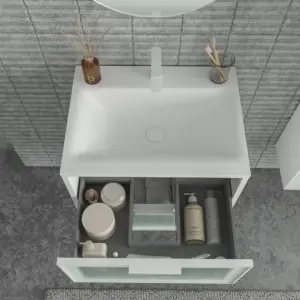 Móvel de casa de banho suspenso 2 gavetas frente em vidro acanalado BETA com lavatório Solid Surface BRANCO – imagem 2