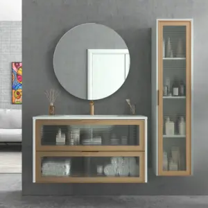 Móvel de casa de banho suspenso 2 gavetas frente em vidro acanalado BETA com lavatório Solid Surface CINZENTO – imagem 1