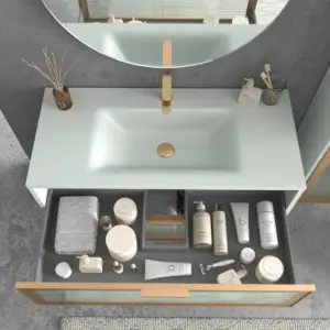 Móvel de casa de banho suspenso 2 gavetas frente em vidro acanalado BETA com lavatório Solid Surface CINZENTO – imagem 2