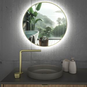 Espelho de casa de banho ARES redondo jateado pintado DOURADO com luz LED ambiente – imagem 1