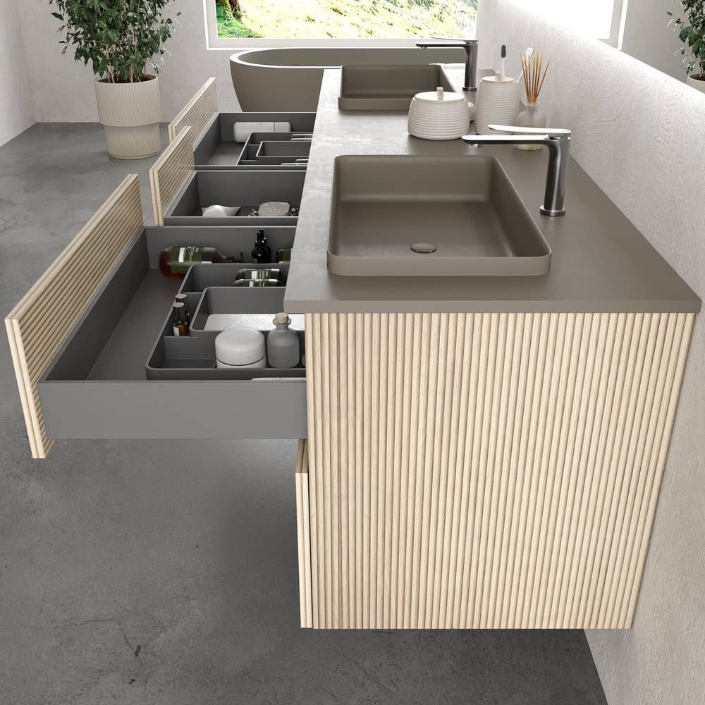 Móvel de casa de banho suspenso DUNE 6 gavetas com tampo SOLID SURFACE 2 cubas ALCATRAZ acabamento TOPO RAL 7039 – imagem 5