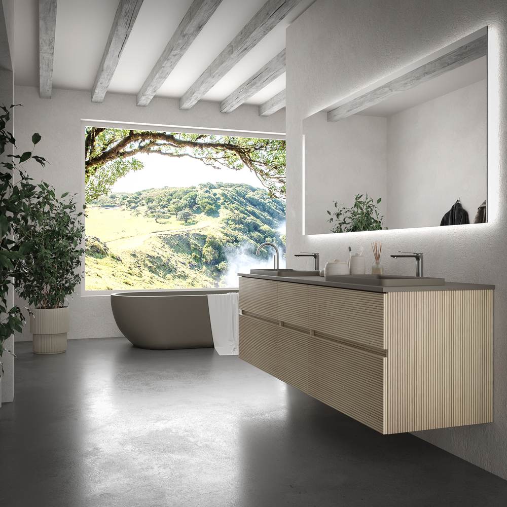 Móvel de casa de banho suspenso DUNE 6 gavetas com tampo SOLID SURFACE 2 cubas ALCATRAZ acabamento TOPO RAL 7039 – imagem 4