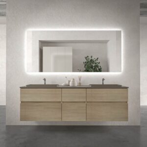 Móvel de casa de banho suspenso DUNE 6 gavetas com tampo SOLID SURFACE 2 cubas ALCATRAZ acabamento TOPO RAL 7039 – imagem 1