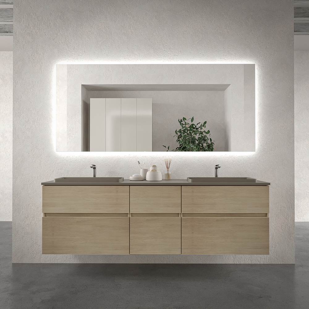 Móvel de casa de banho suspenso DUNE 6 gavetas com tampo SOLID SURFACE 2 cubas ALCATRAZ acabamento TOPO RAL 7039 – imagem 1