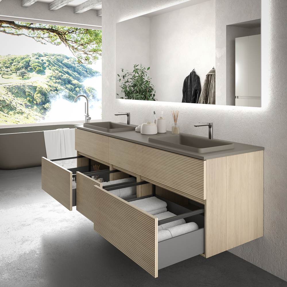 Móvel de casa de banho suspenso DUNE 6 gavetas com tampo SOLID SURFACE 2 cubas ALCATRAZ acabamento TOPO RAL 7039 – imagem 3