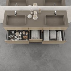 Móvel de casa de banho suspenso DUNE 6 gavetas com tampo SOLID SURFACE 2 cubas ALCATRAZ acabamento TOPO RAL 7039 – imagem 2