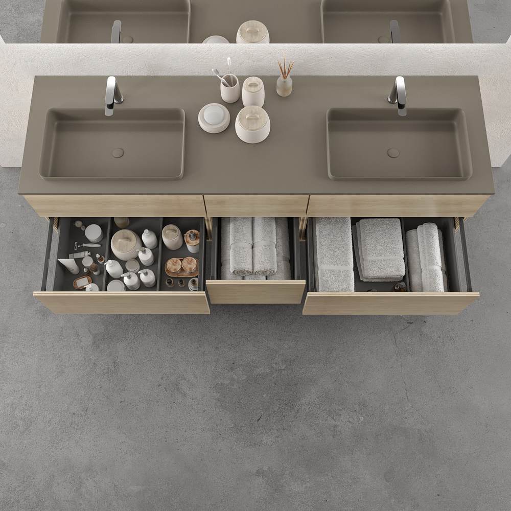Móvel de casa de banho suspenso DUNE 6 gavetas com tampo SOLID SURFACE 2 cubas ALCATRAZ acabamento TOPO RAL 7039 – imagem 2