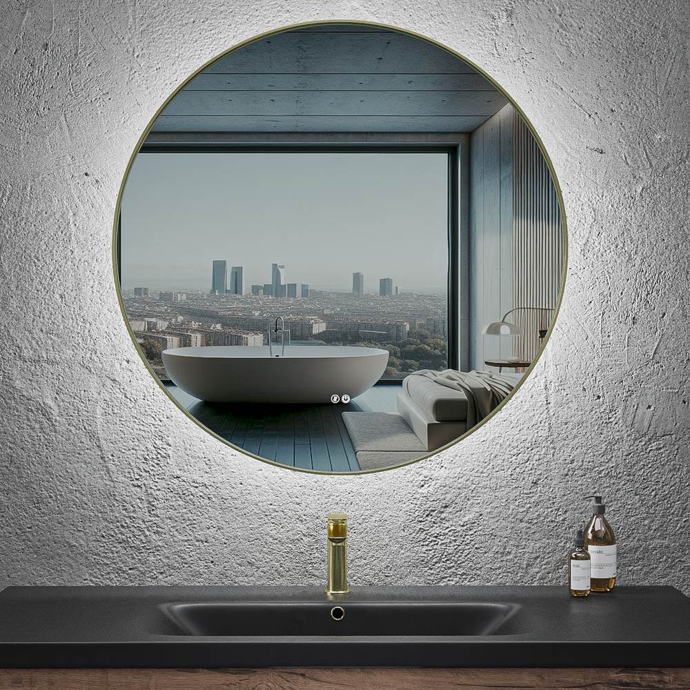 Espelho de casa de banho LUNA redondo com canto de alumínio DOURADO escovado e luz LED ambiente – imagem 2