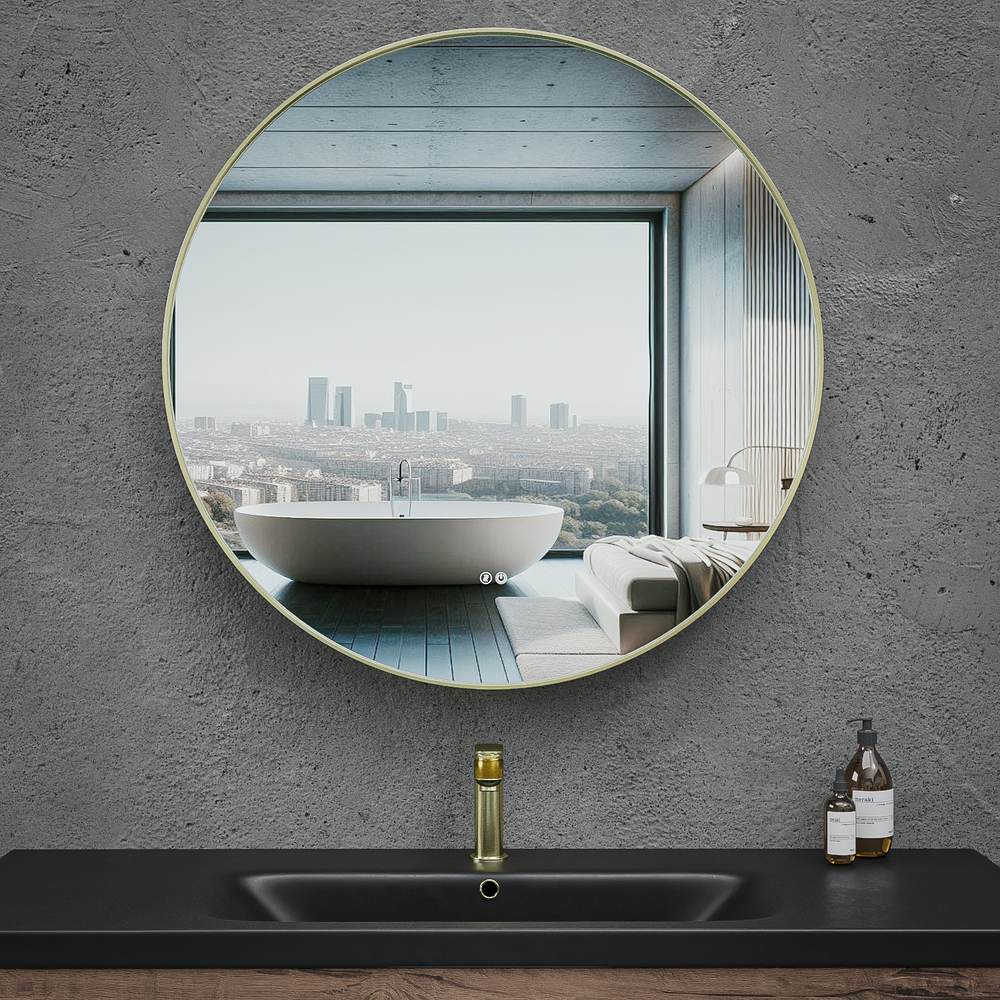 Espelho de casa de banho LUNA redondo com canto de alumínio DOURADO escovado e luz LED ambiente – imagem 3