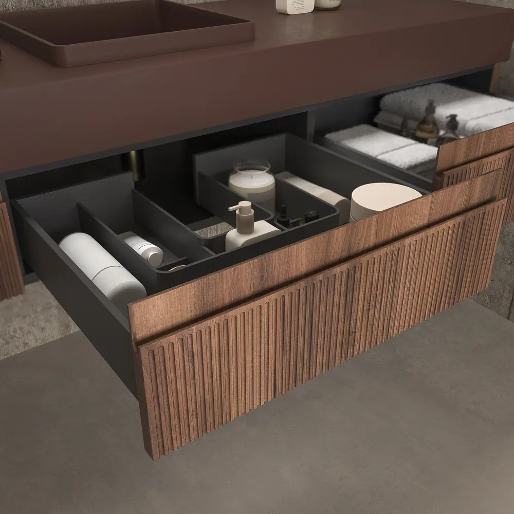 Móvel de casa de banho suspenso NIC 3 gavetas CASTANHO com tampo castanho com tampo SOLID SURFACE – imagem 4