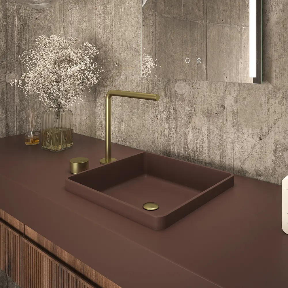 Móvel de casa de banho suspenso NIC 3 gavetas CASTANHO com tampo castanho com tampo SOLID SURFACE – imagem 3