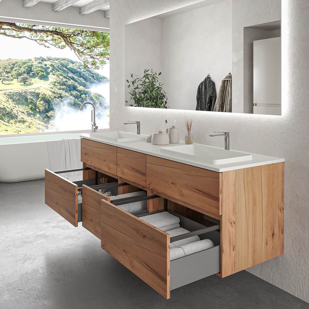 Móvel de casa de banho suspenso DUNE 6 gavetas com tampo SOLID SURFACE 2 cubas MOHAVE – imagem 4