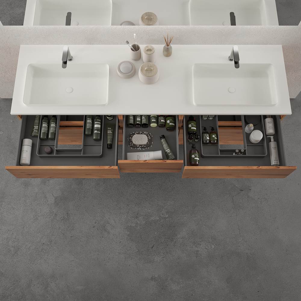 Móvel de casa de banho suspenso DUNE 6 gavetas com tampo SOLID SURFACE 2 cubas MOHAVE – imagem 3