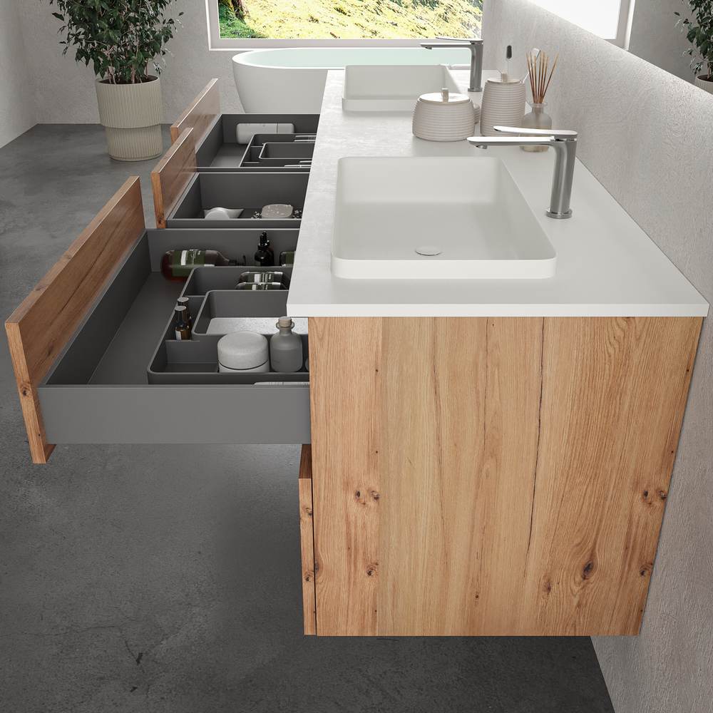 Móvel de casa de banho suspenso DUNE 6 gavetas com tampo SOLID SURFACE 2 cubas MOHAVE – imagem 2