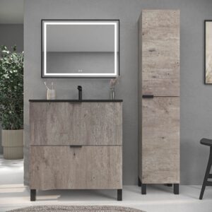 Móvel de casa de banho com pés LUCE acabamento BETÃO com lavatório porcelana PRETO – imagem 1