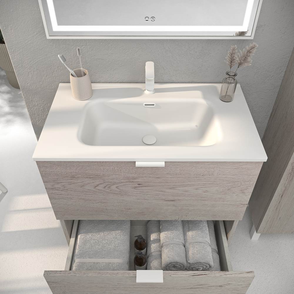 Móvel de casa de banho com pés LUCE acabamento CARVALHO MOZART com lavatório porcelana BRANCO – imagem 2